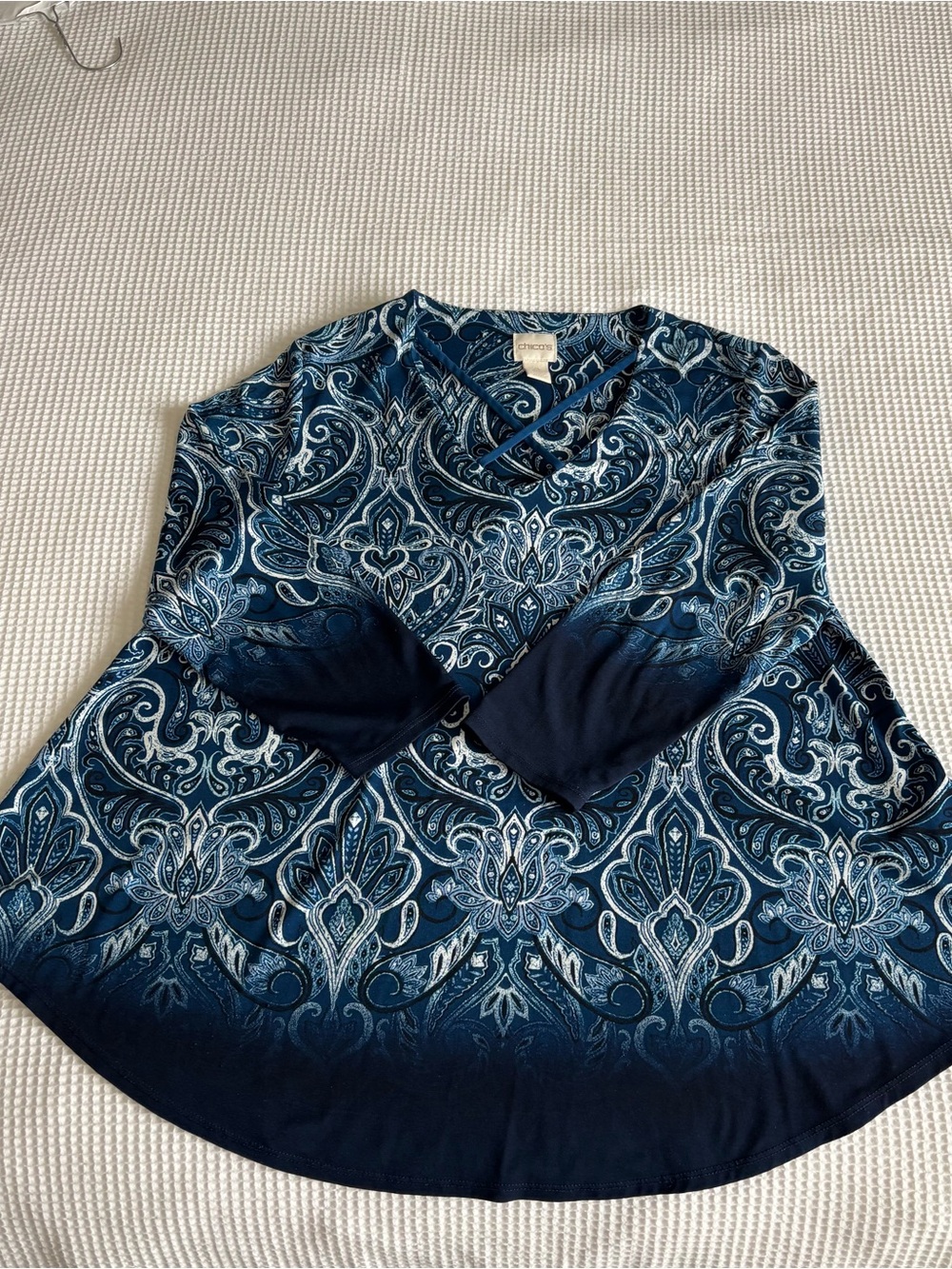 Chico's Navy and Light Blue Paisley Long Sleeve Top